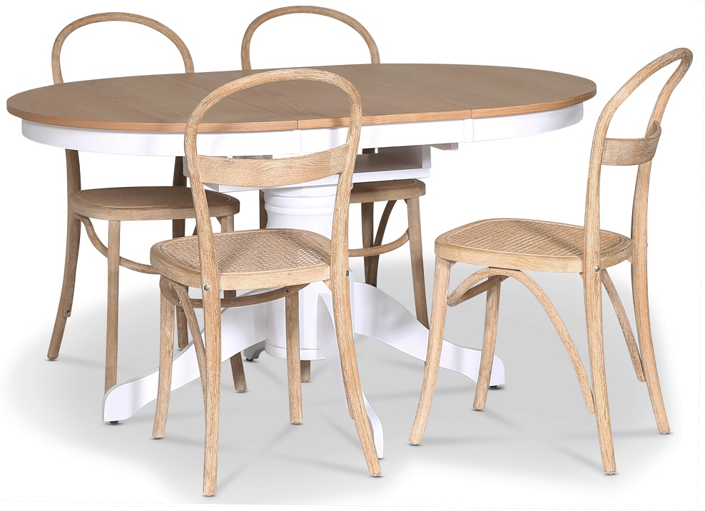 Fitchburg matgrupp; Ovalt matbord 106-141 cm - Vit / Oljad Ek med 4 st Danderyd No.16 matstolar Whitewash Fitchburg matgrupp; Ovalt matbord 106-141 cm - Vit / Oljad Ek med 4 st Danderyd No.16 matstolar Whitewash