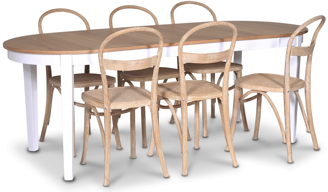 F�r� matgrupp; Ovalt matbord 160-210 cm - Vit / Oljad Ek med 6 st Danderyd No.16 matstolar Whitewash