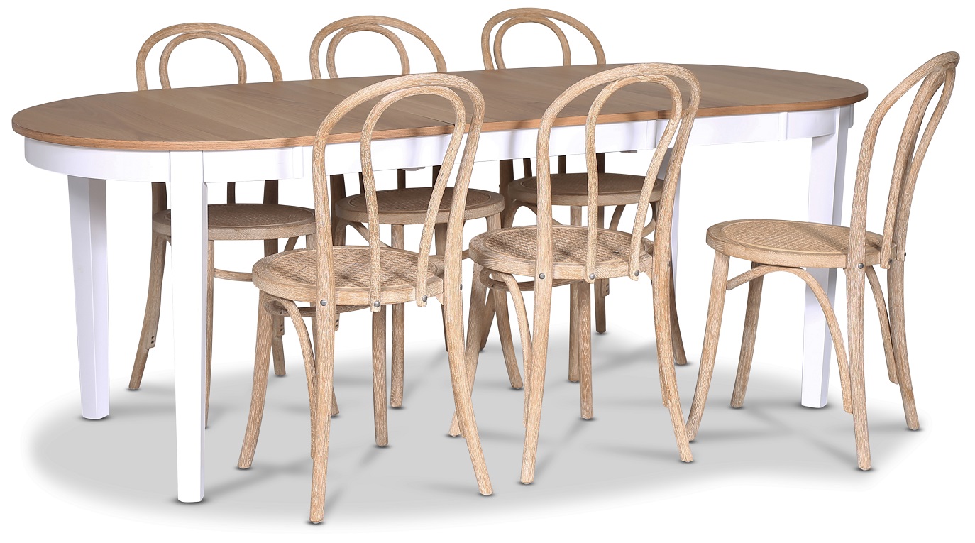 F�r� matgrupp; Ovalt matbord 160-210 cm - Vit / Oljad Ek med 6 st Danderyd No.18 matstolar Whitewash