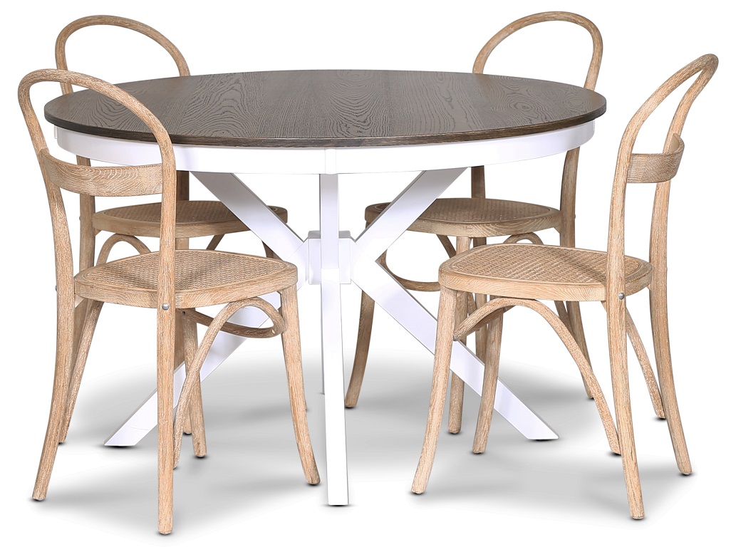 Skagen matgrupp; runt matbord 120 cm - Vit / brunbetsad ek med 4 st Danderyd No.16 stolar Whitewash