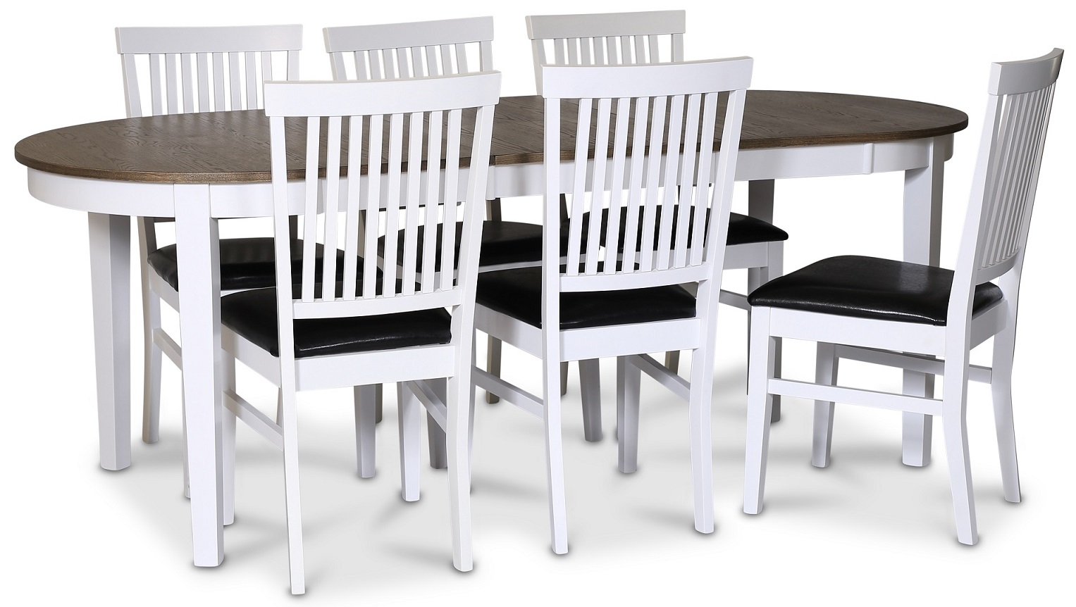 Skagen-voedselgroep; eettafel 160/210x90 cm - Wit/bruin geolied eiken met 6 F�r� stoelen met zwarte PU zitting