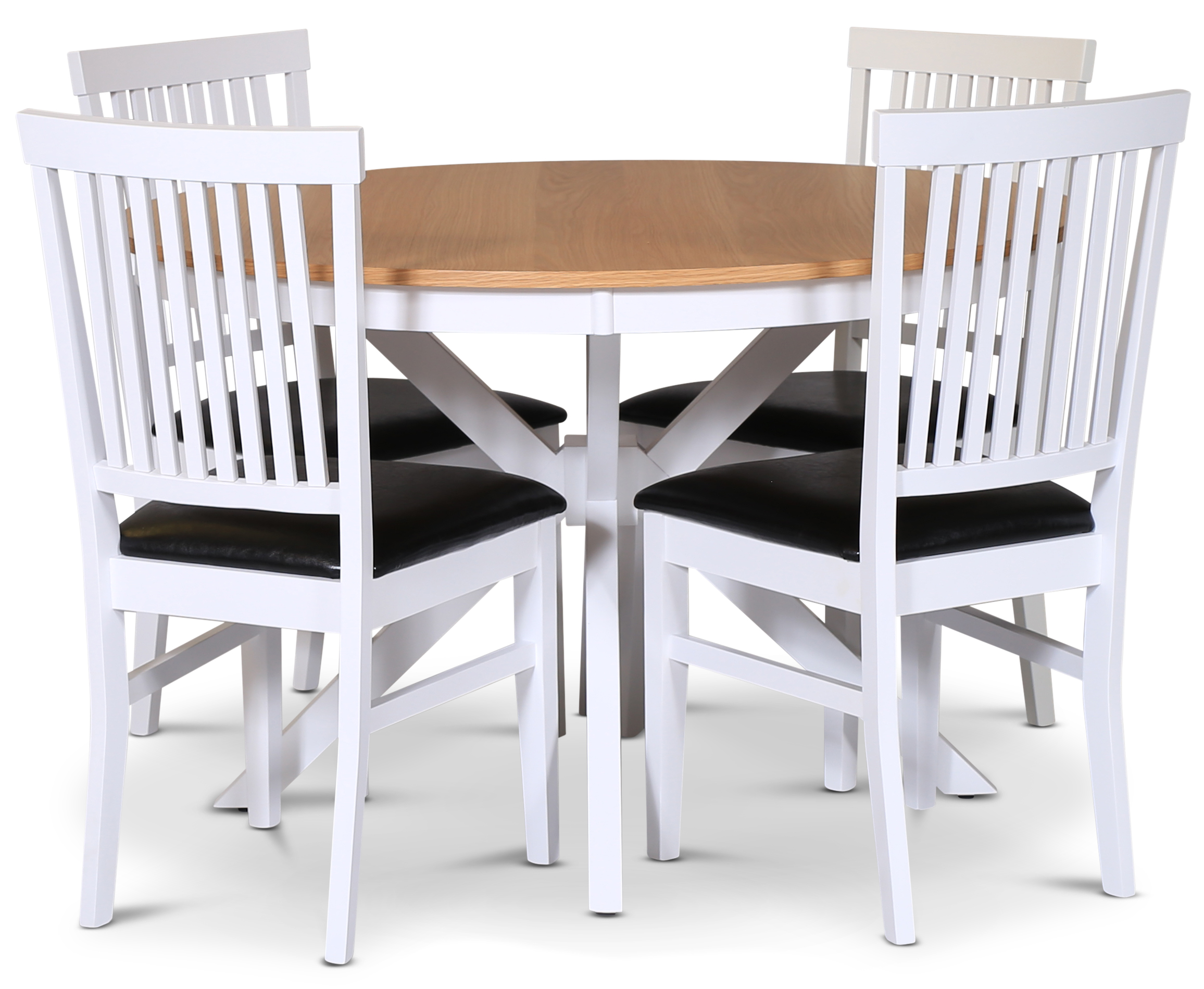 Tromsø voedselgroep; ronde eettafel 120 cm - Wit/geolied eiken met 4 Fårö stoelen met zitting in zwart PU Tromsø voedselgroep; ronde eettafel 120 cm - Wit/geolied eiken met 4 Fårö stoelen met zitting in zwart PU