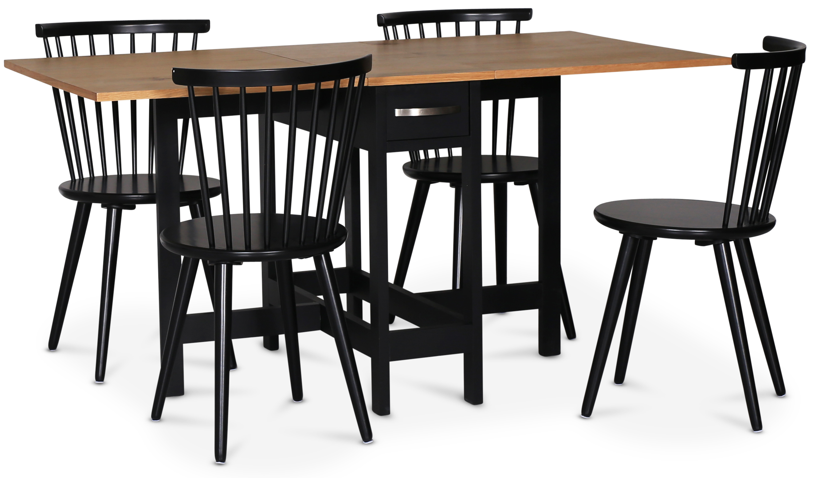 Eetkamerset; Klaptafel met 4 rieten stoelen - Zwart / Eiken - F�r�