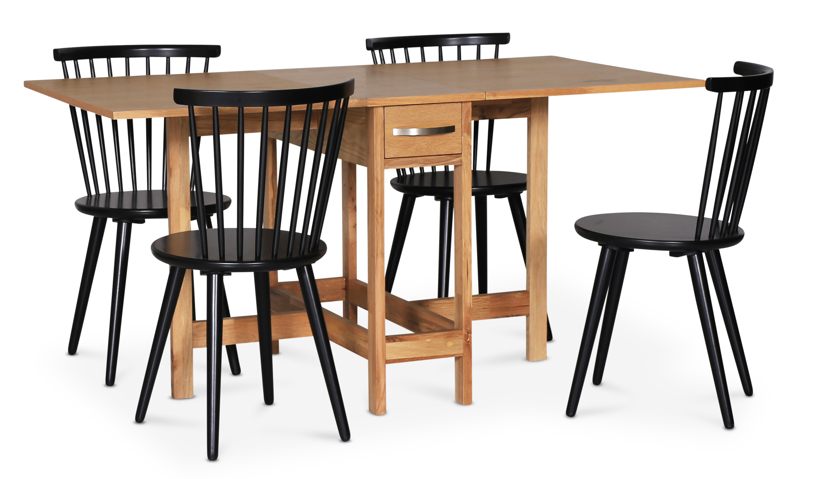 Eetkamerset; Eikenhouten klaptafel met 4 zwarte rieten stoelen - F�r�