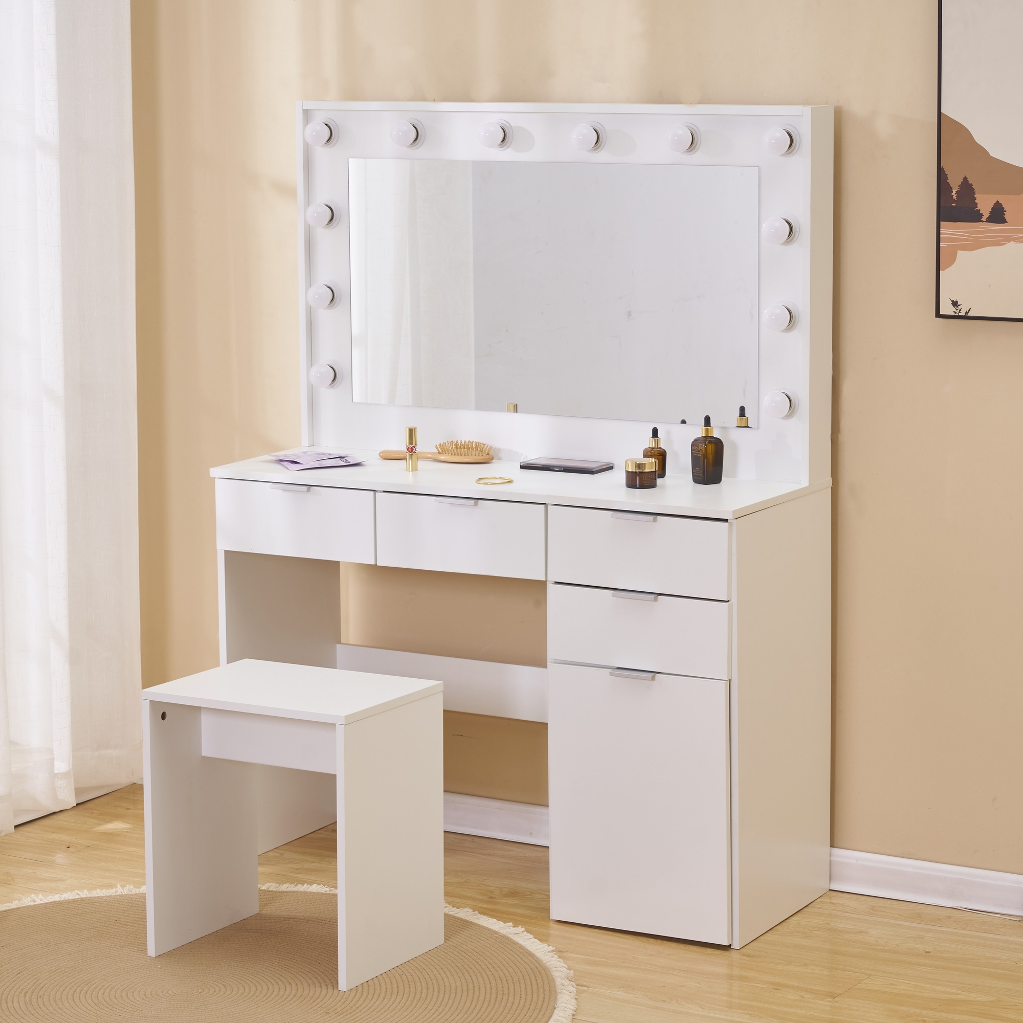 Kaptafel met stoel, spiegel en verlichting - Wit