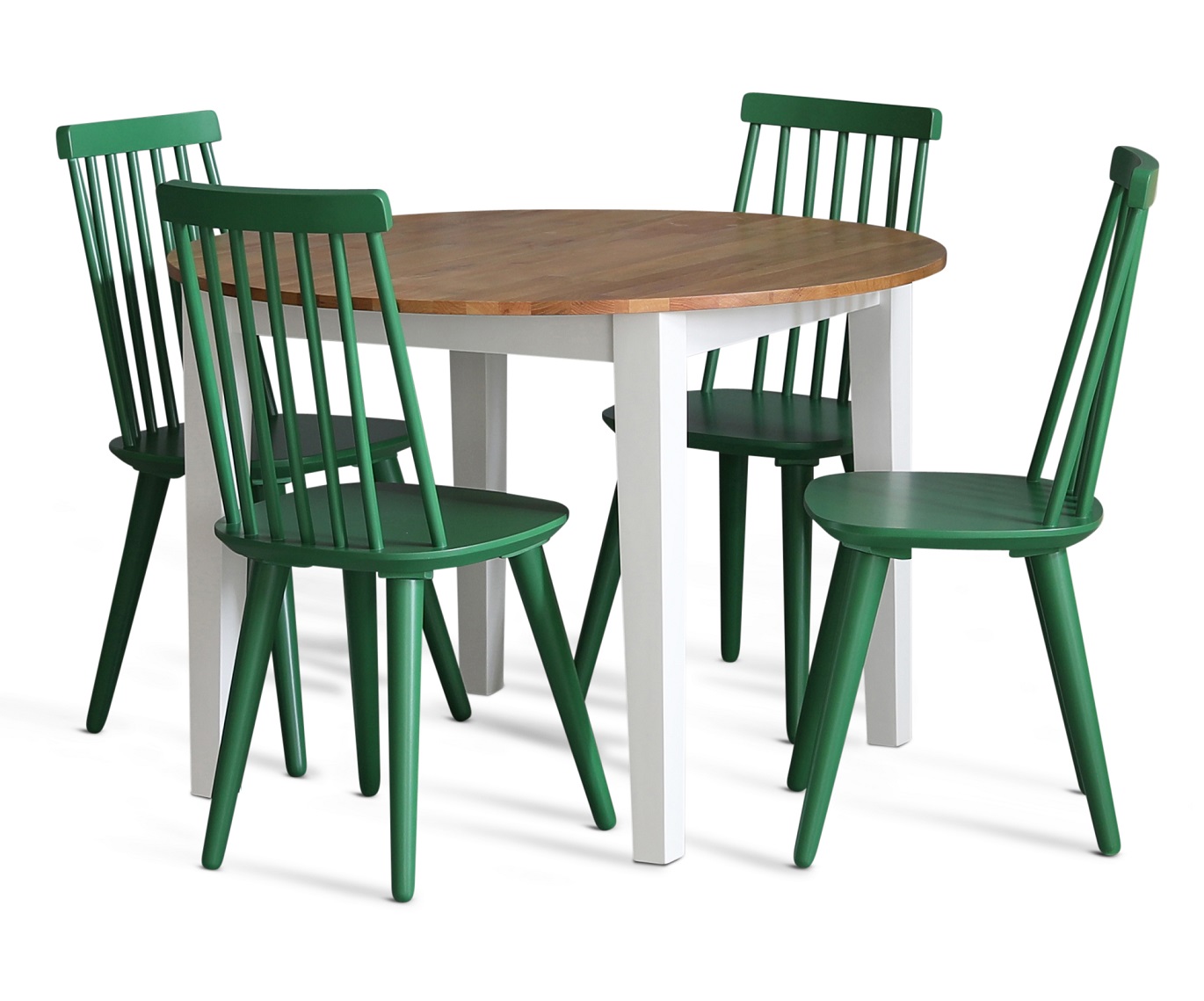 Eetkamerset: Ronde tafel in Eiken / Wit met 4 groene rieten stoelen