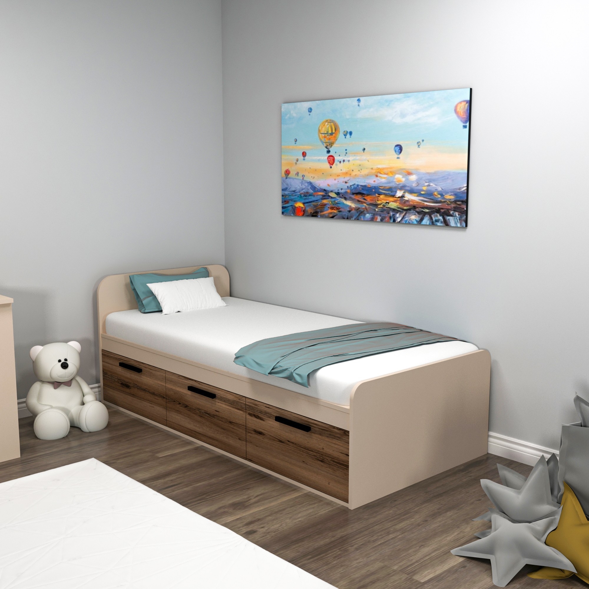 Akser enkelsäng med inbyggd förvaring 190 x 90 cm - Ljus valnöt/beige Akser enkelsäng med inbyggd förvaring 190 x 90 cm - Ljus valnöt/beige