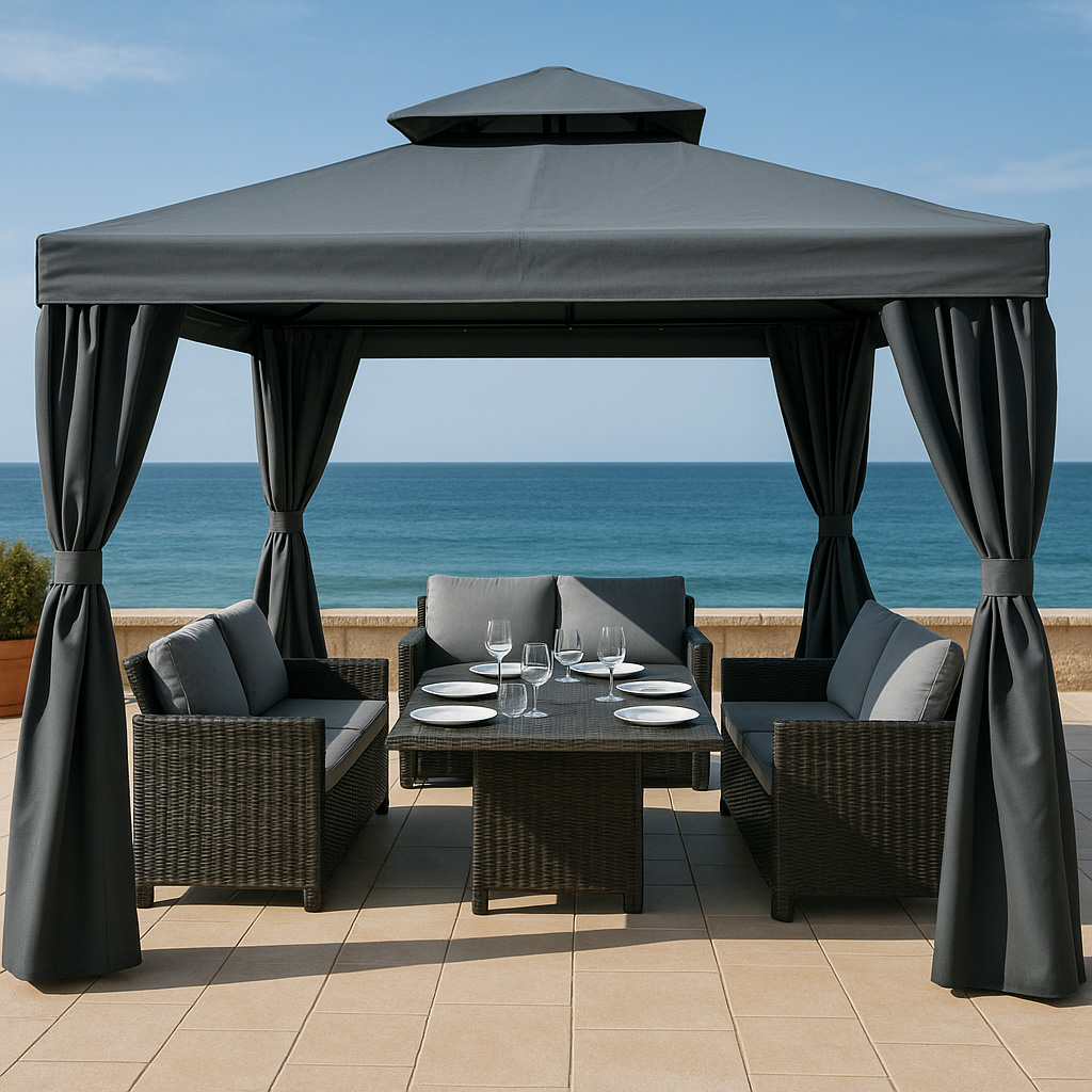 Paviljong 3x3 meter mörkgrå, sidoväggar och myggnät ingår Paviljong 3x3 meter mörkgrå, sidoväggar och myggnät ingår