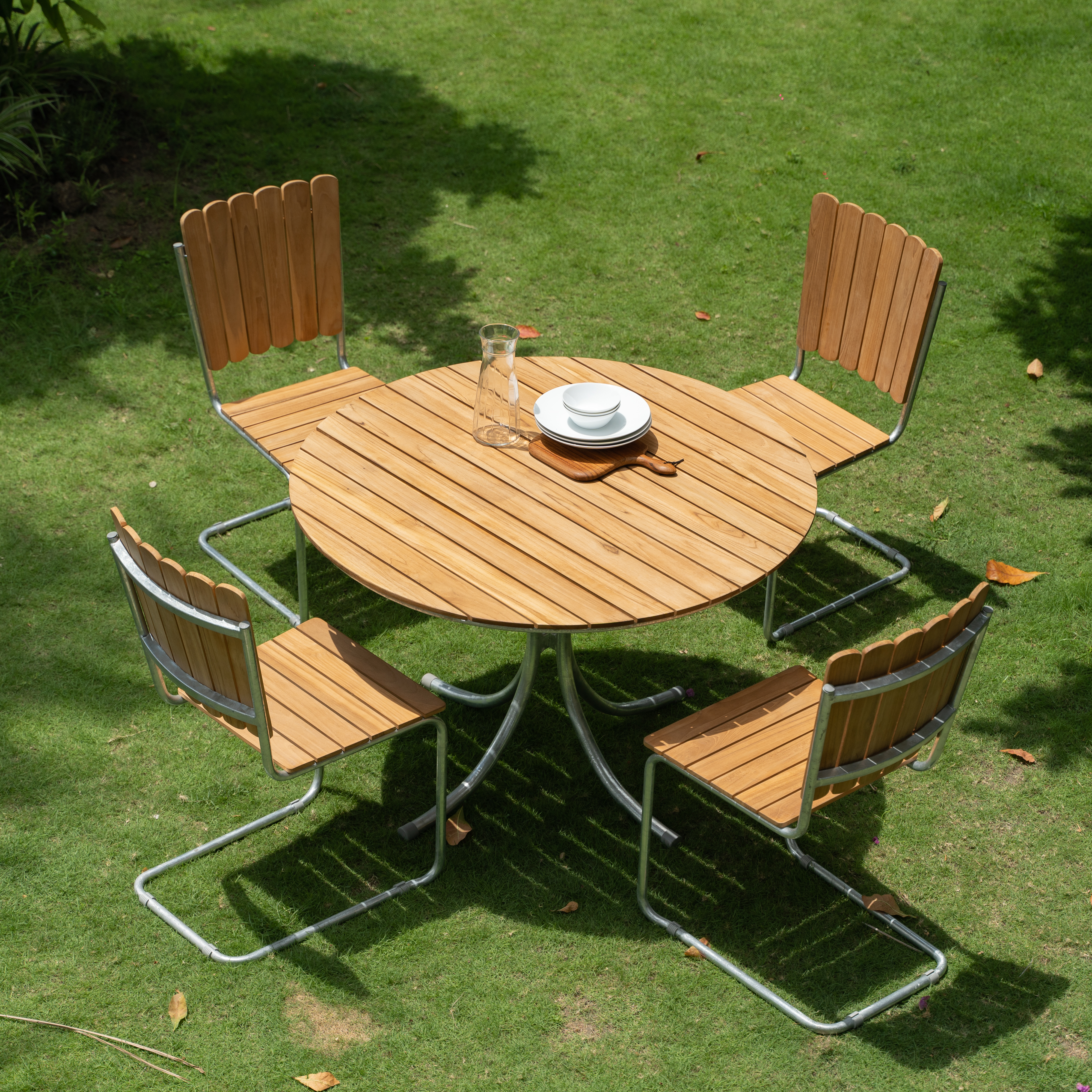 Teakstol med galvat stl, stapelbar - Mllan