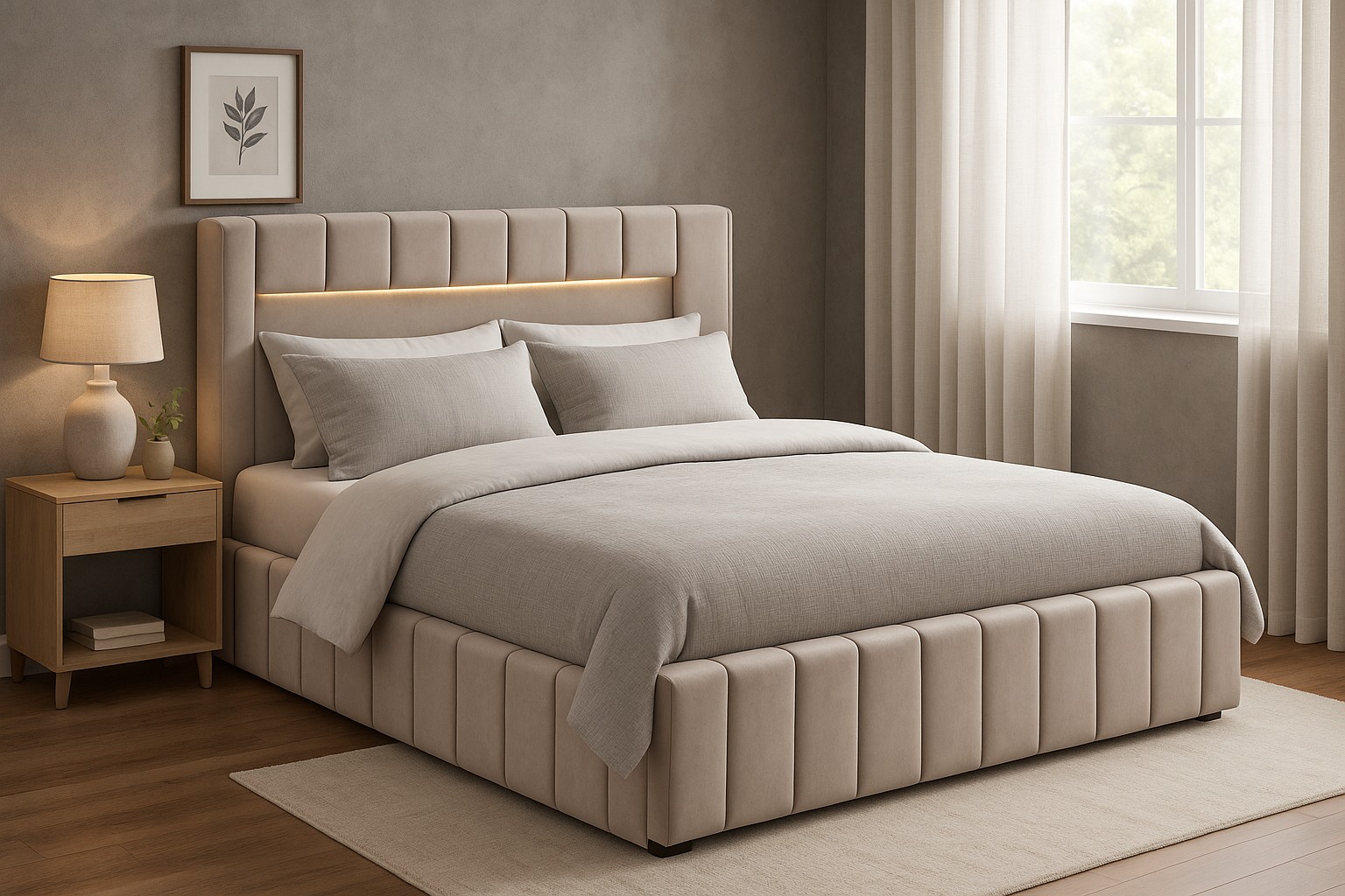 S�ngram med led-belysning 180x200 cm + Textilv�rd f�r m�bler