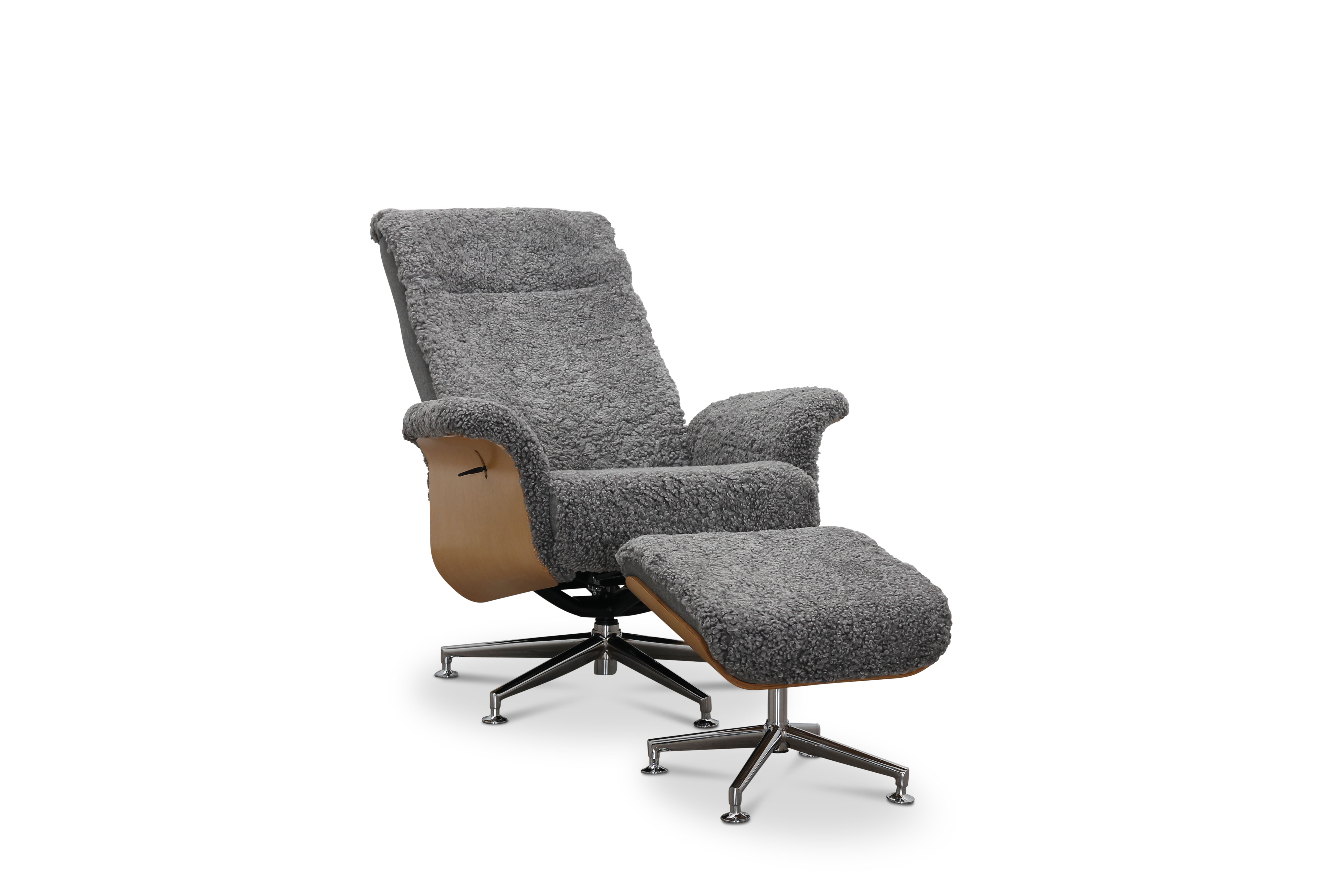 Reclinerfåtölj med fotpall i äkta fårskinn ek/grafitgrå - Ulla + Möbeltassar Reclinerfåtölj med fotpall i äkta fårskinn ek/grafitgrå - Ulla + Möbeltassar