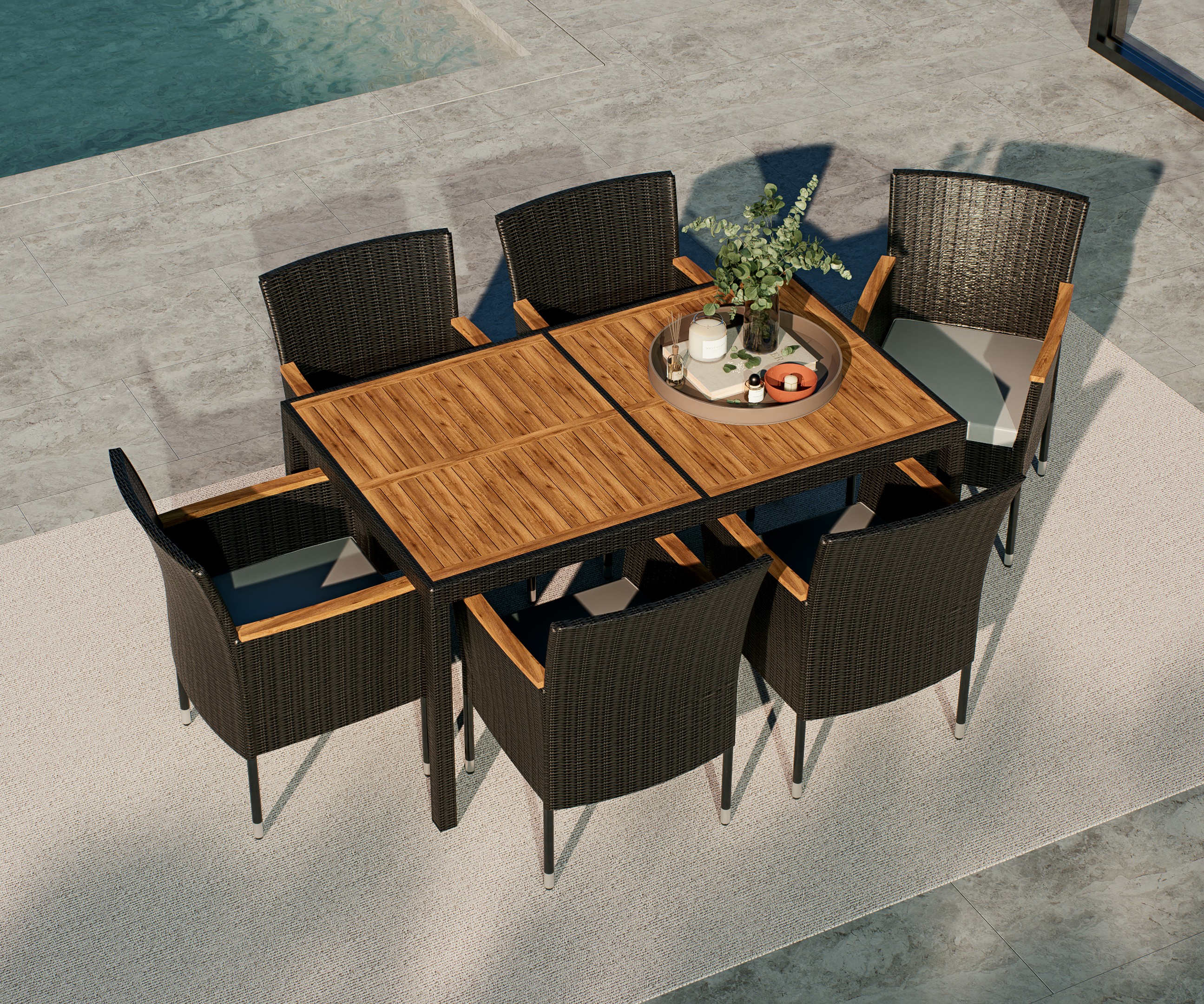 Utegrupp; 6 st karmstolar med dynor och matbord + Träolja för möbler Utegrupp; 6 st karmstolar med dynor och matbord + Träolja för möbler