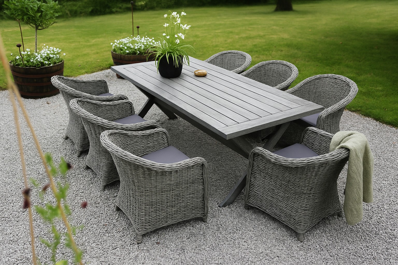 Oxford utematgrupp; grått bord 220 cm inkl 6 st Mercury fåtöljer grå konstrotting Oxford utematgrupp; grått bord 220 cm inkl 6 st Mercury fåtöljer grå konstrotting