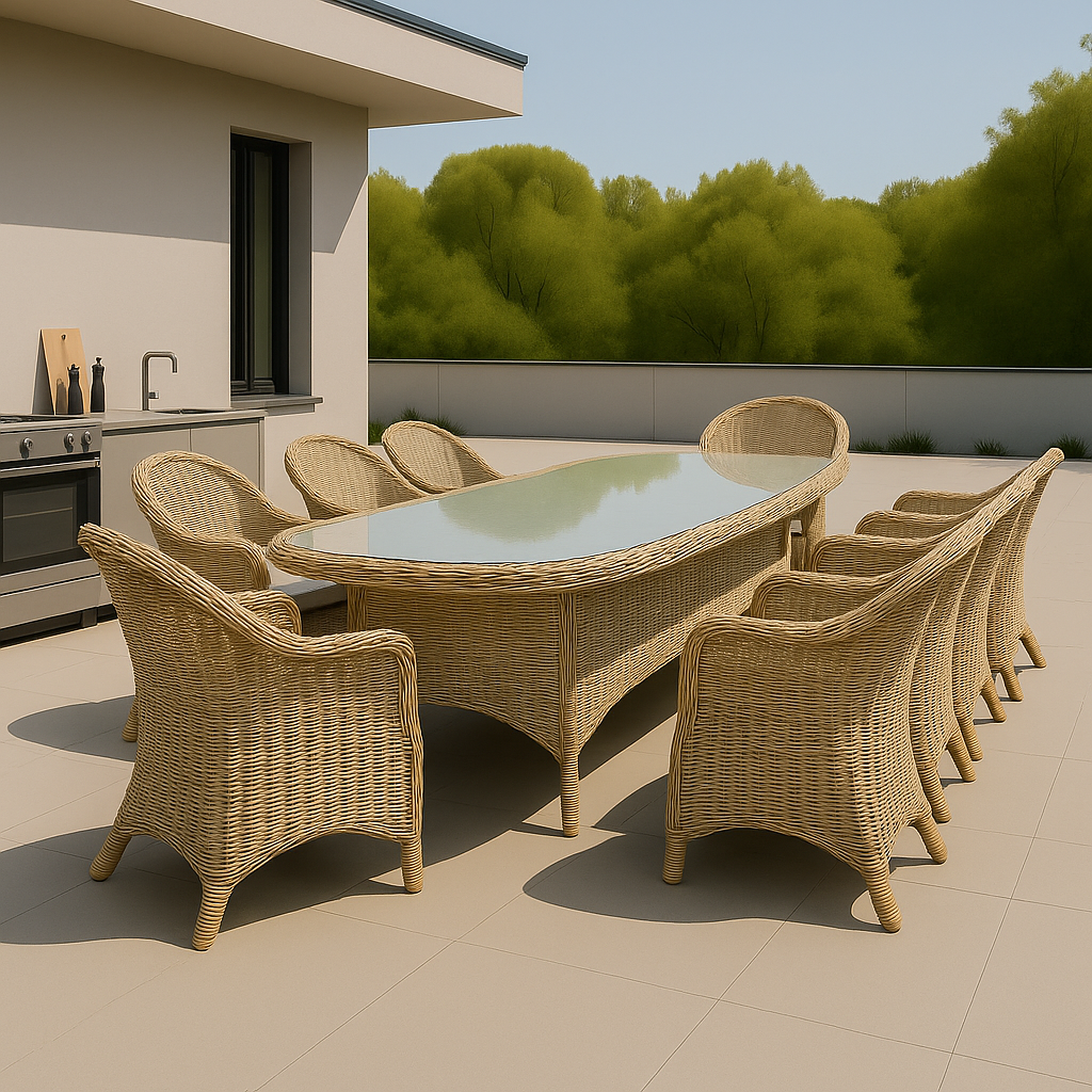 Utegrupp: 8 stolar och matbord 230 x 100 cm rotting - Menton/Mercury