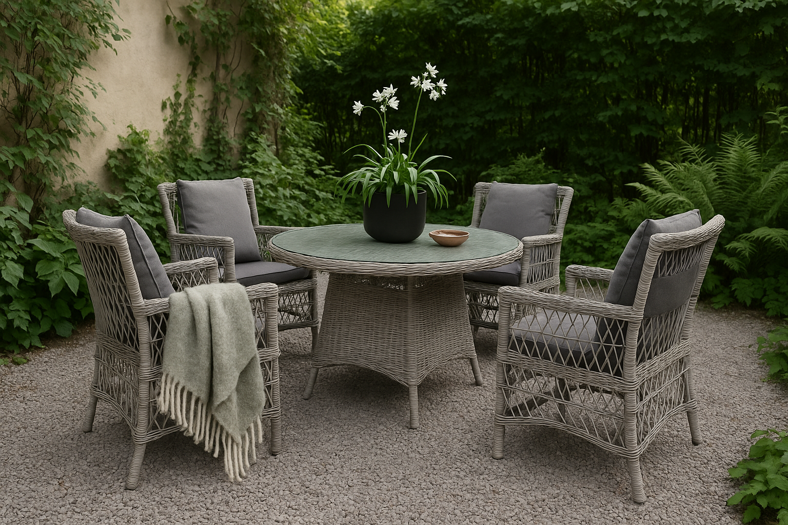 Utegrupp; 4 stolar och matbord �110 cm gr�/rotting - Jacksonville/Provence