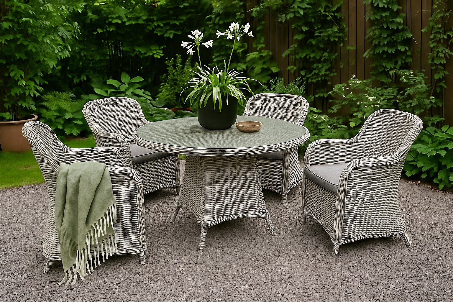 Matgrupp; 4 stolar och matbord �110 cm gr�/rotting