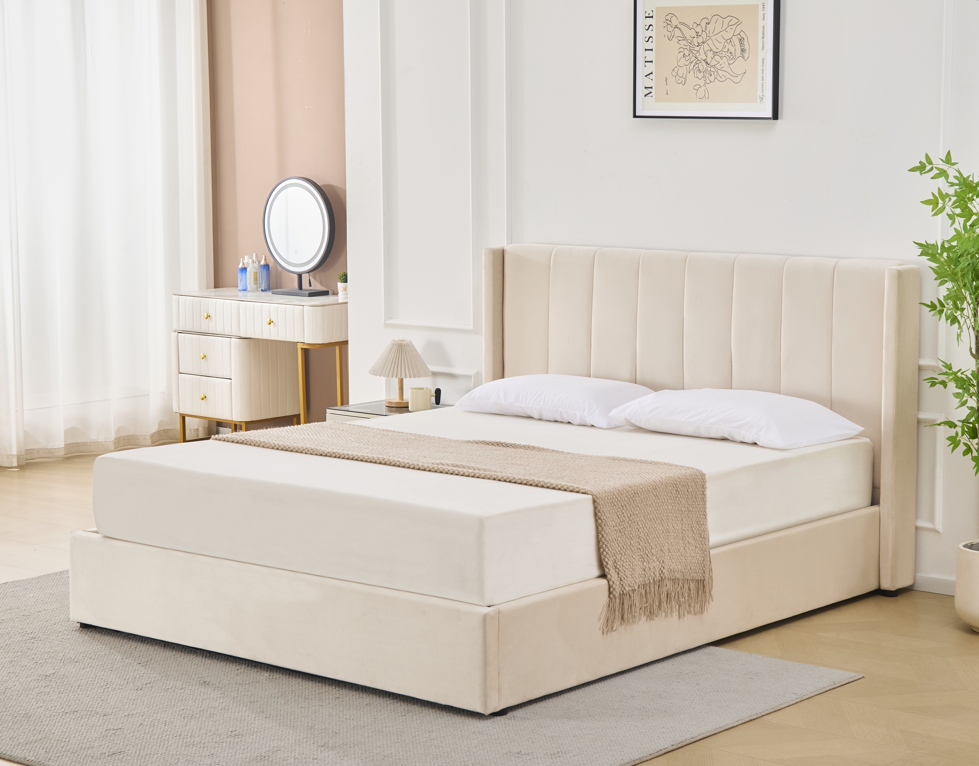 Sngram med frvaring inklusive snggavel 160 x 200 cm beige - Bianca