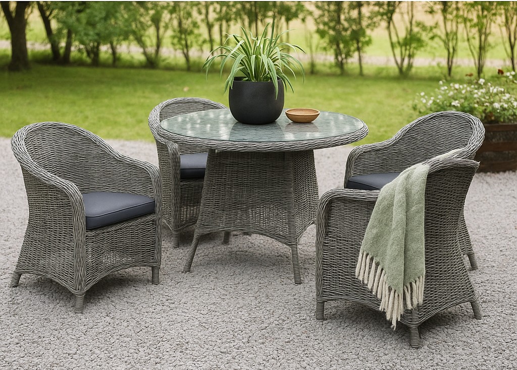 Jacksonville utematgrupp; 110 cm runt bord inkl 4 st Mercury fåtöljer grå konstrotting Jacksonville utematgrupp; 110 cm runt bord inkl 4 st Mercury fåtöljer grå konstrotting