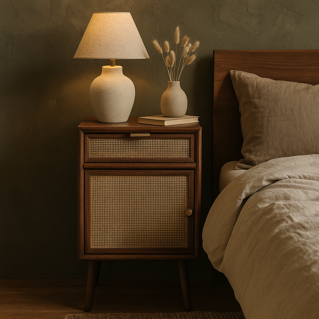 Sngbord valnt/rotting 71 cm hgt + Mbeltassar