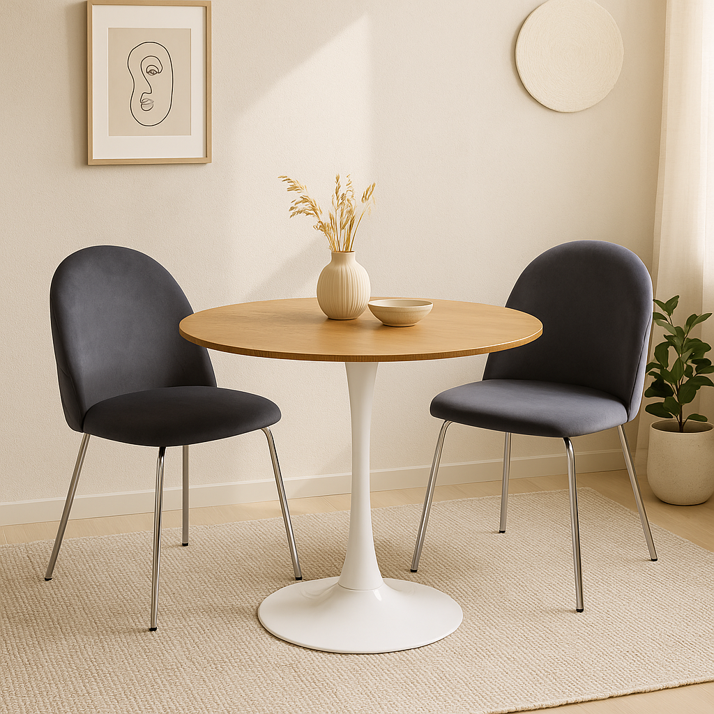 Matgrupp Sumner 80 cm ek/vit med 2 st Plaza stolar i gr sammet