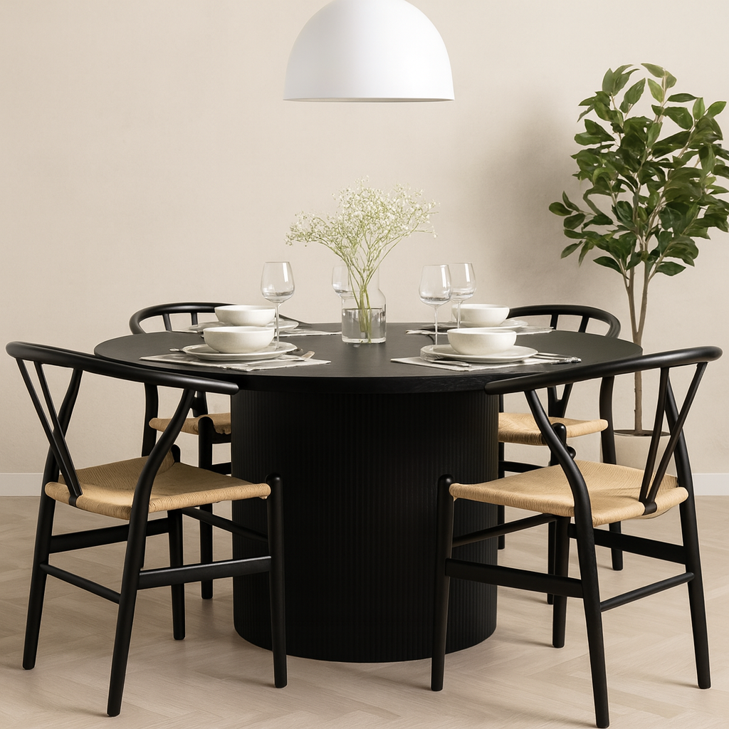 Astrid utdragbart matbord 140-180cm i svartbetsad ek med 4st Brandon karmstol i svart med repsits