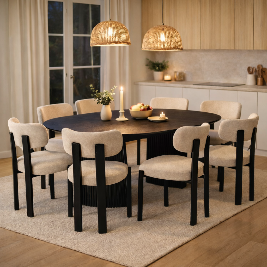 Matgrupp Crossby förlängbart bord Ø120-200cm i svartbetsad ek med 8st Callum matstol i beige tyg Matgrupp Crossby förlängbart bord Ø120-200cm i svartbetsad ek med 8st Callum matstol i beige tyg