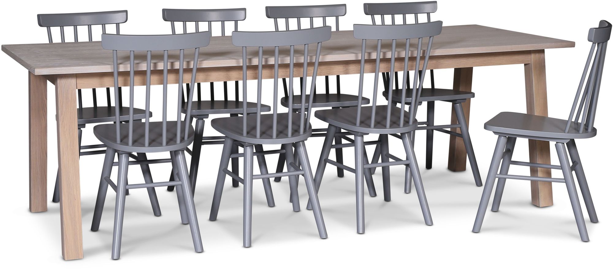 Saltsjö matgrupp 240 cm inkl 8 st grå Orust pinnstolar - Vitoljad ekfanér Saltsjö matgrupp 240 cm inkl 8 st grå Orust pinnstolar - Vitoljad ekfanér