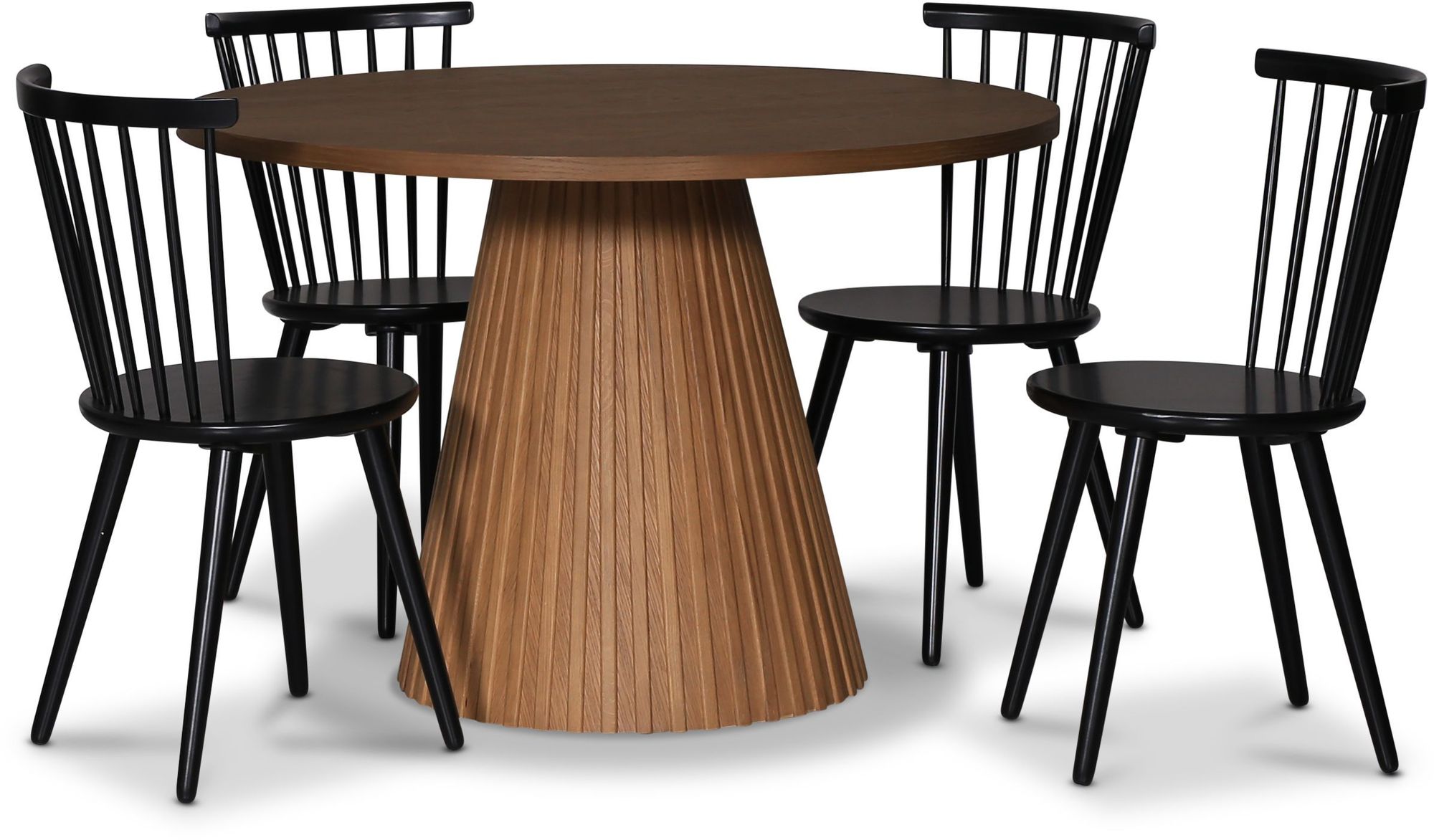Cleo matgrupp runt 110 cm inkl 4 st svarta pinnstolar Castor - Mörk ekfanér Cleo matgrupp runt 110 cm inkl 4 st svarta pinnstolar Castor - Mörk ekfanér