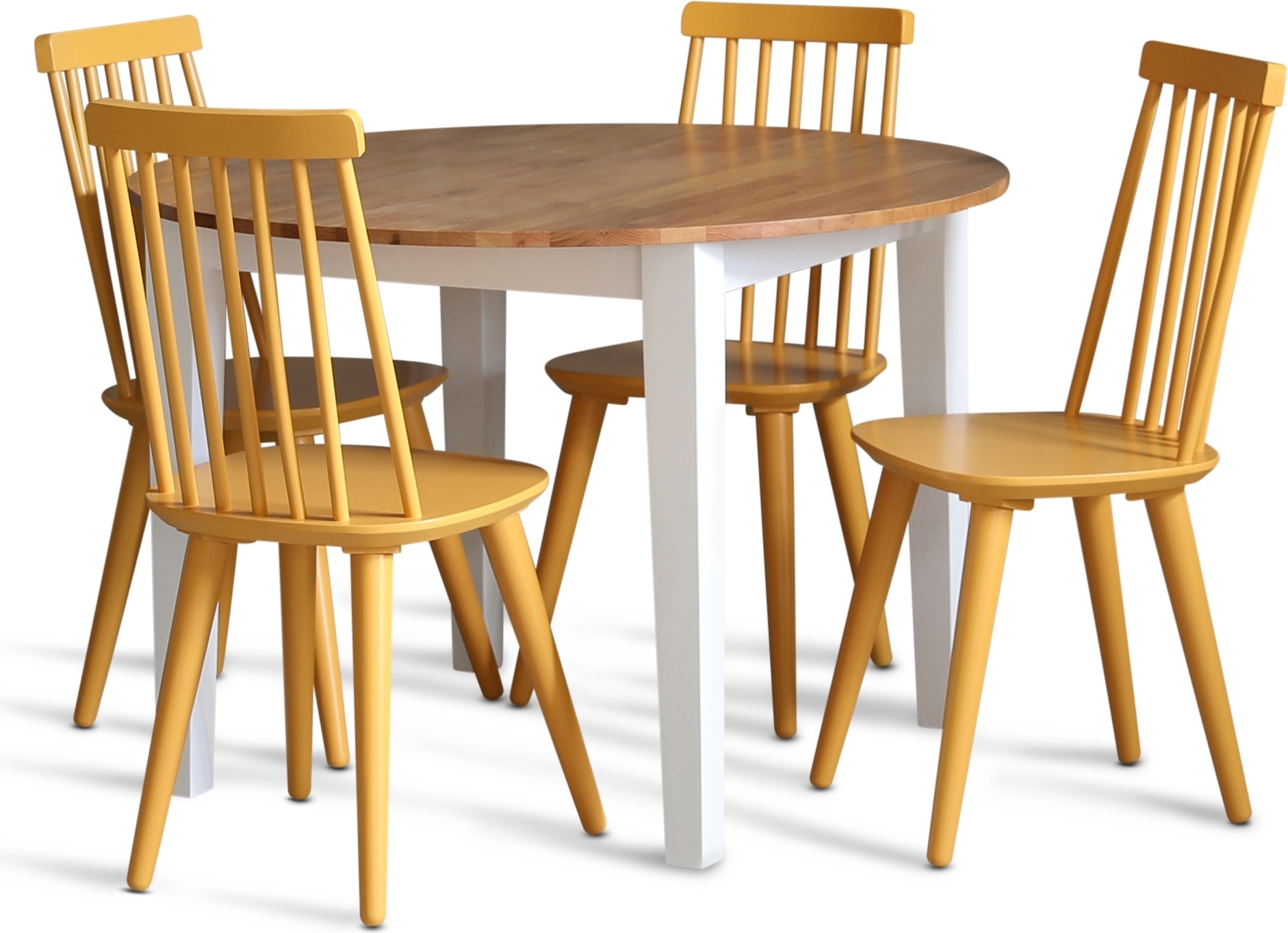 Matgrupp: Runt bord i Ek / Vit med 4 st gula Pinnstolar