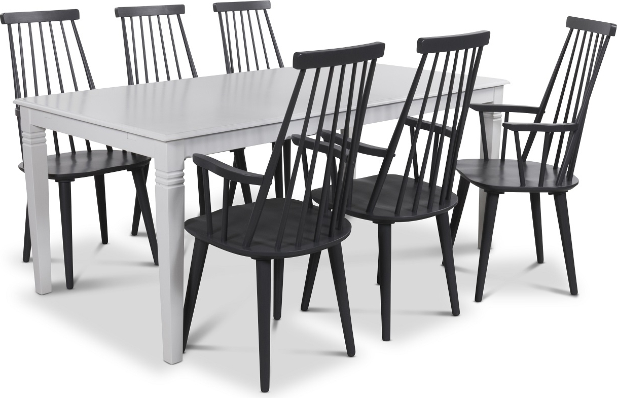 Mellby eettafel 180 cm met 6 grijze Dalsland Cane stoelen met armleuningen Mellby eettafel 180 cm met 6 grijze Dalsland Cane stoelen met armleuningen
