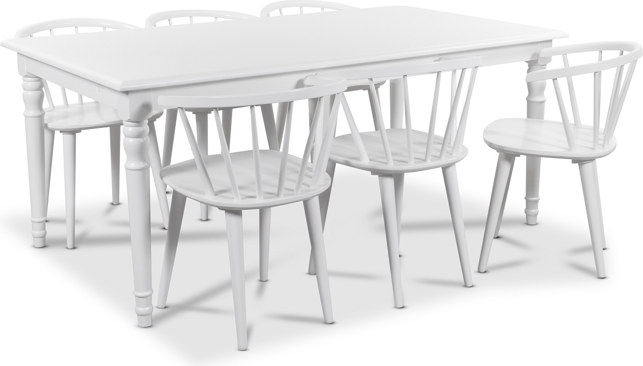 Nomi matgrupp 180 cm bord med 6 st vita Dalsland Pinnstolar med karm + 4.00 x M�beltassar