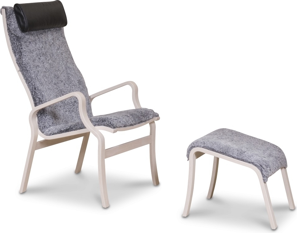 Svea f�t�lj med fotpall - Gr�tt f�rskinn / vitoljad + Reng�ring f�r m�bler