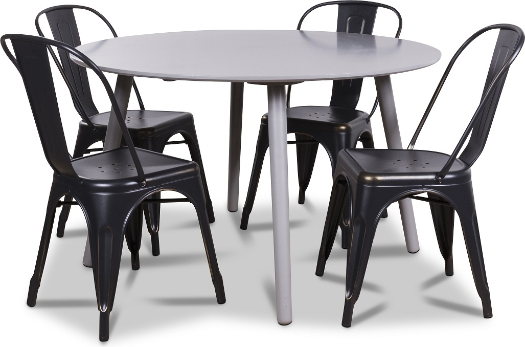 Rosvik matgrupp, Runt matbord med 4 st Industry pl�tstolar + 3.00 x M�beltassar