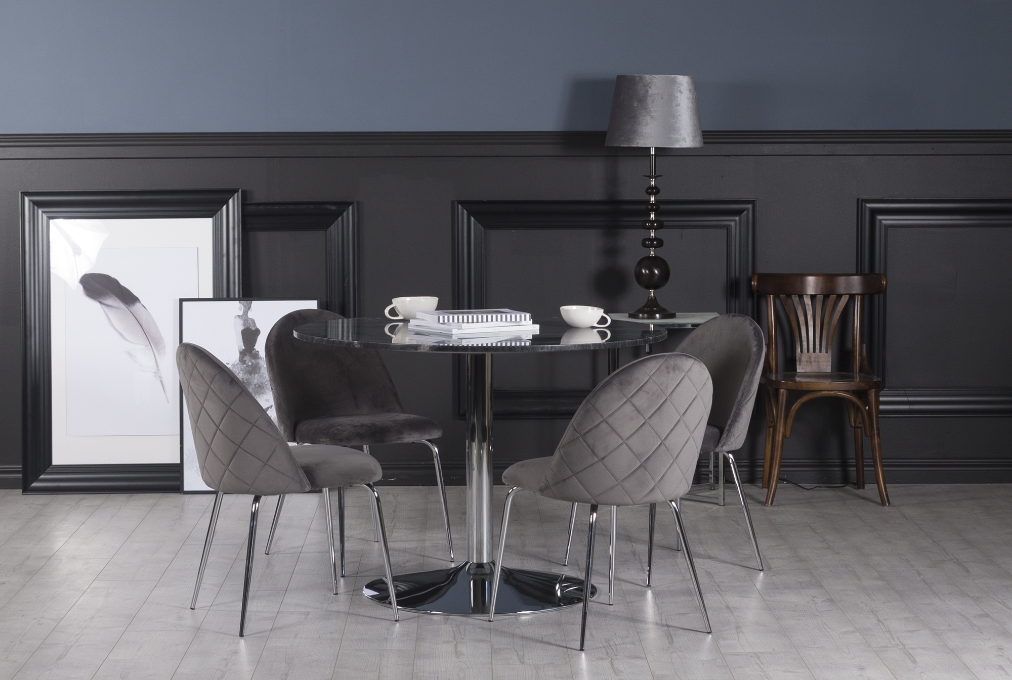 Plaza matgrupp, marmorbord med 4 st Plaza sammets stolar - Gr�/Krom