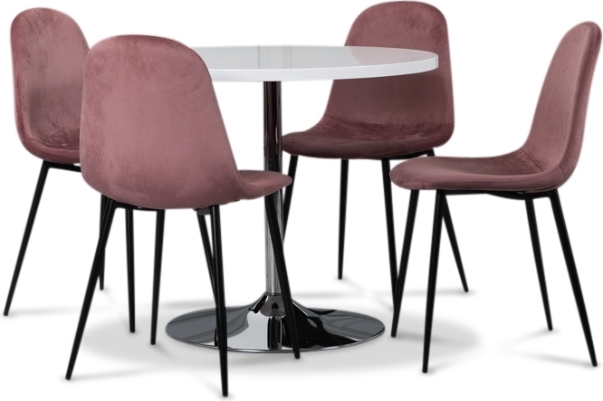 Tiana matgrupp, runt matbord med 4 st Carisma sammetsstolar - Vit/Korall Tiana matgrupp, runt matbord med 4 st Carisma sammetsstolar - Vit/Korall
