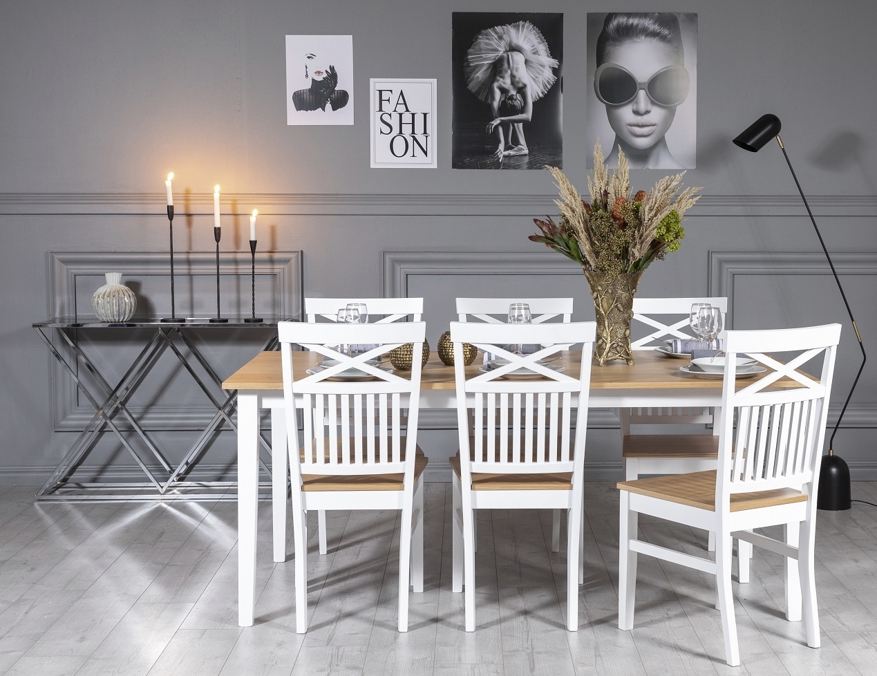 F�r� matgrupp: Bord 180 cm inklusive 6 st F�r� stolar med kryss - Ek/vit + 6.00 x Stolsdyna