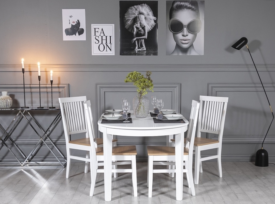 G�s� matgrupp: Bord 160/210 cm inklusive 4 F�r� stolar - Ek/vit