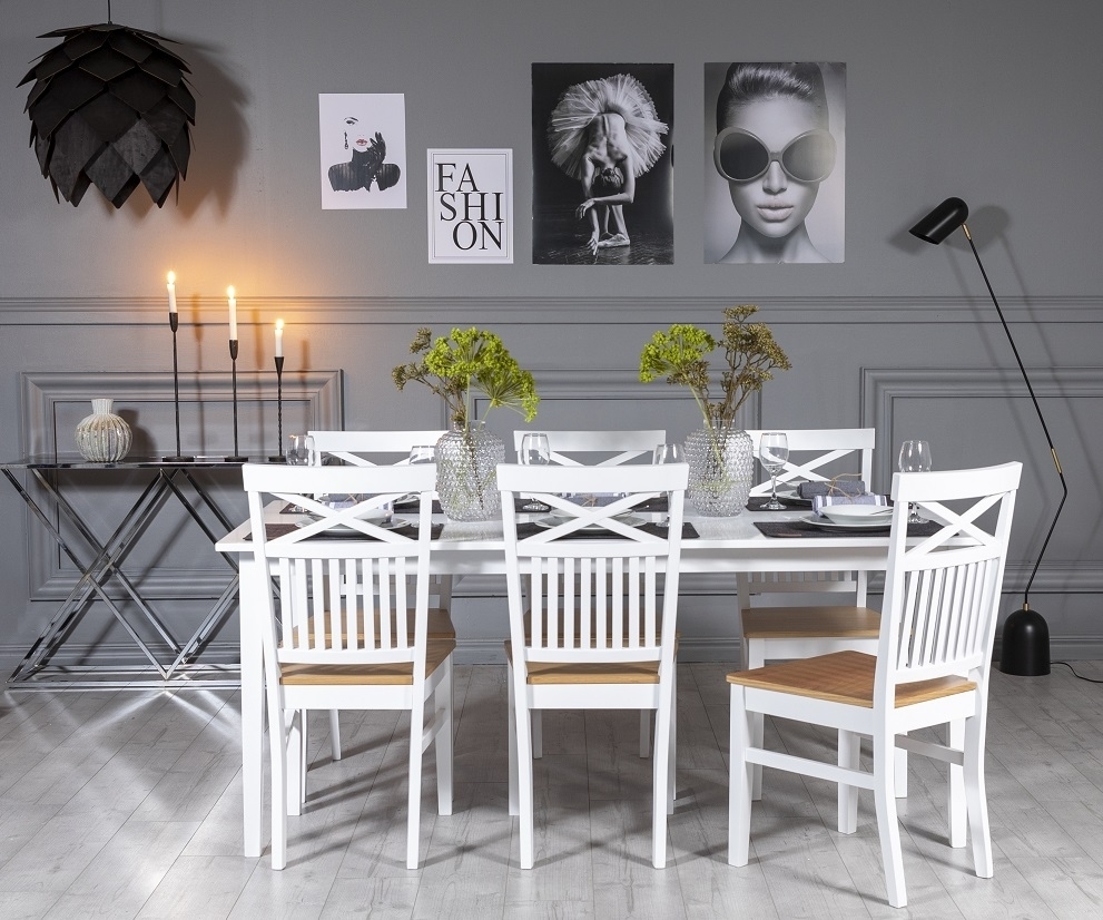 G�s� matgrupp: Bord 180 cm inklusive 6 F�r� stolar med kryss - Vit/Ek + 6.00 x Stolsdyna