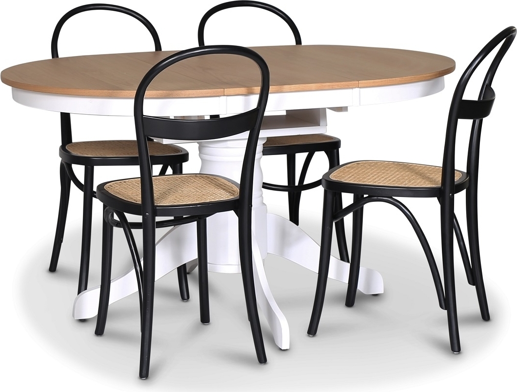 Fitchburg matgrupp; Ovalt matbord 106-141 cm - Vit / Oljad Ek med 4 st Danderyd No.16 matstolar Svart