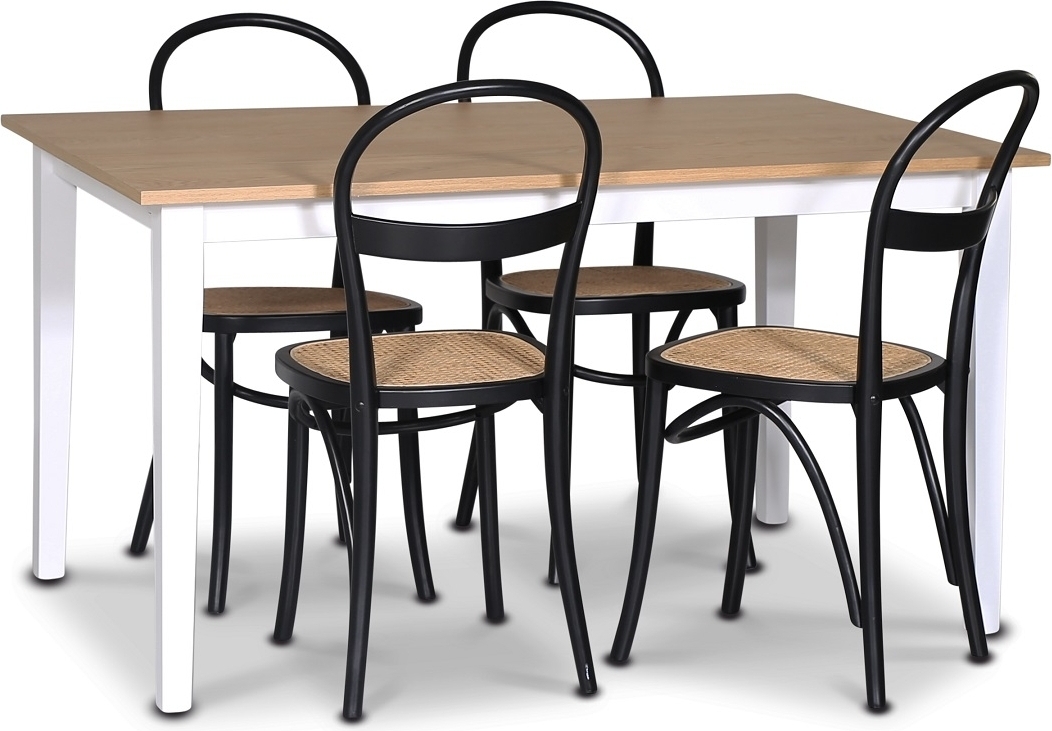 Matgrupp; matbord 140x90 cm - Vit / oljad ek med 4 st svarta stolar + 4.00 x Stolsdyna