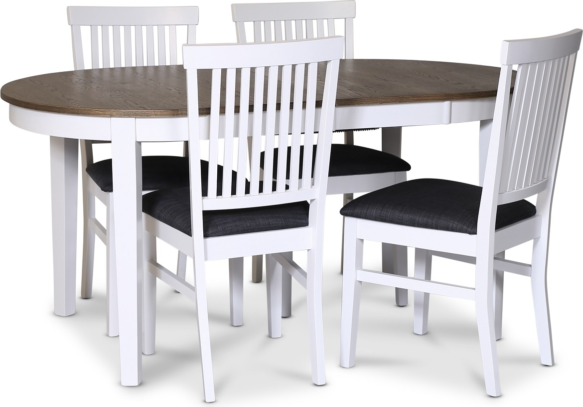 Skagen matgrupp; matbord 160/210x90 cm - Vit / brunoljad ek med 4 st Fårö stolar med grå tygsits + 4.00 x Stolsdyna Skagen matgrupp; matbord 160/210x90 cm - Vit / brunoljad ek med 4 st Fårö stolar med grå tygsits + 4.00 x Stolsdyna