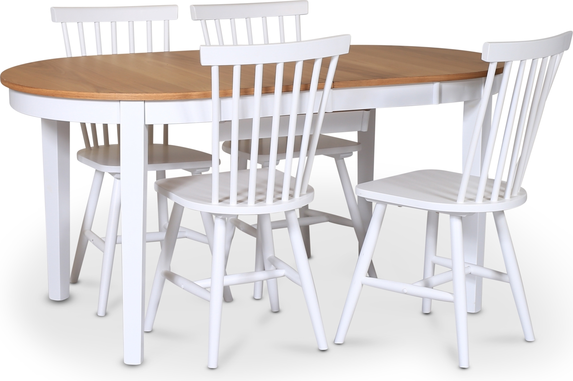 Fårö matgrupp; matbord 160/210x90 cm - Vit / oljad ek med 4 st vita Karl pinnstolar Fårö matgrupp; matbord 160/210x90 cm - Vit / oljad ek med 4 st vita Karl pinnstolar