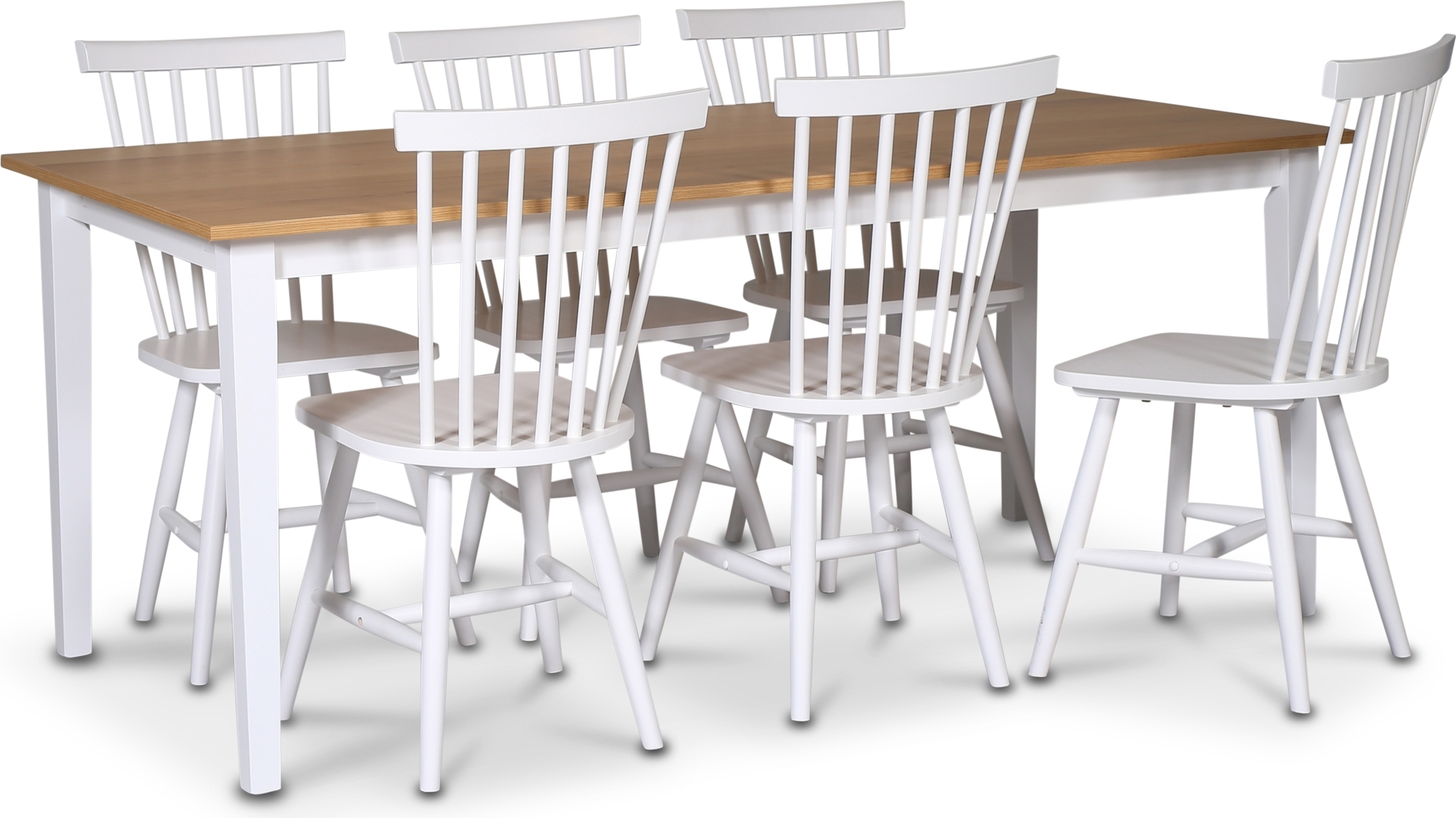 F�r� matgrupp - Bord 180x90 cm med 6 st vita Karl pinnstolar