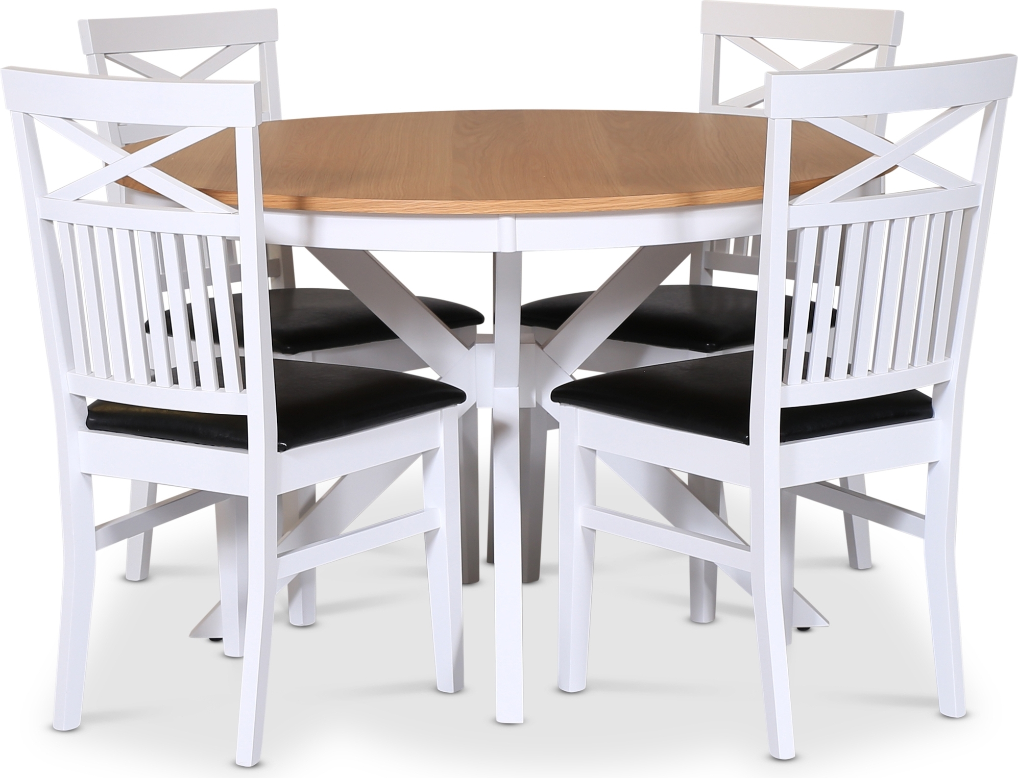 Tromsö matgrupp; runt matbord 120 cm - Vit / oljad ek med 4 st Fårö stolar med kryss i rygg, sits i svart PU Tromsö matgrupp; runt matbord 120 cm - Vit / oljad ek med 4 st Fårö stolar med kryss i rygg, sits i svart PU