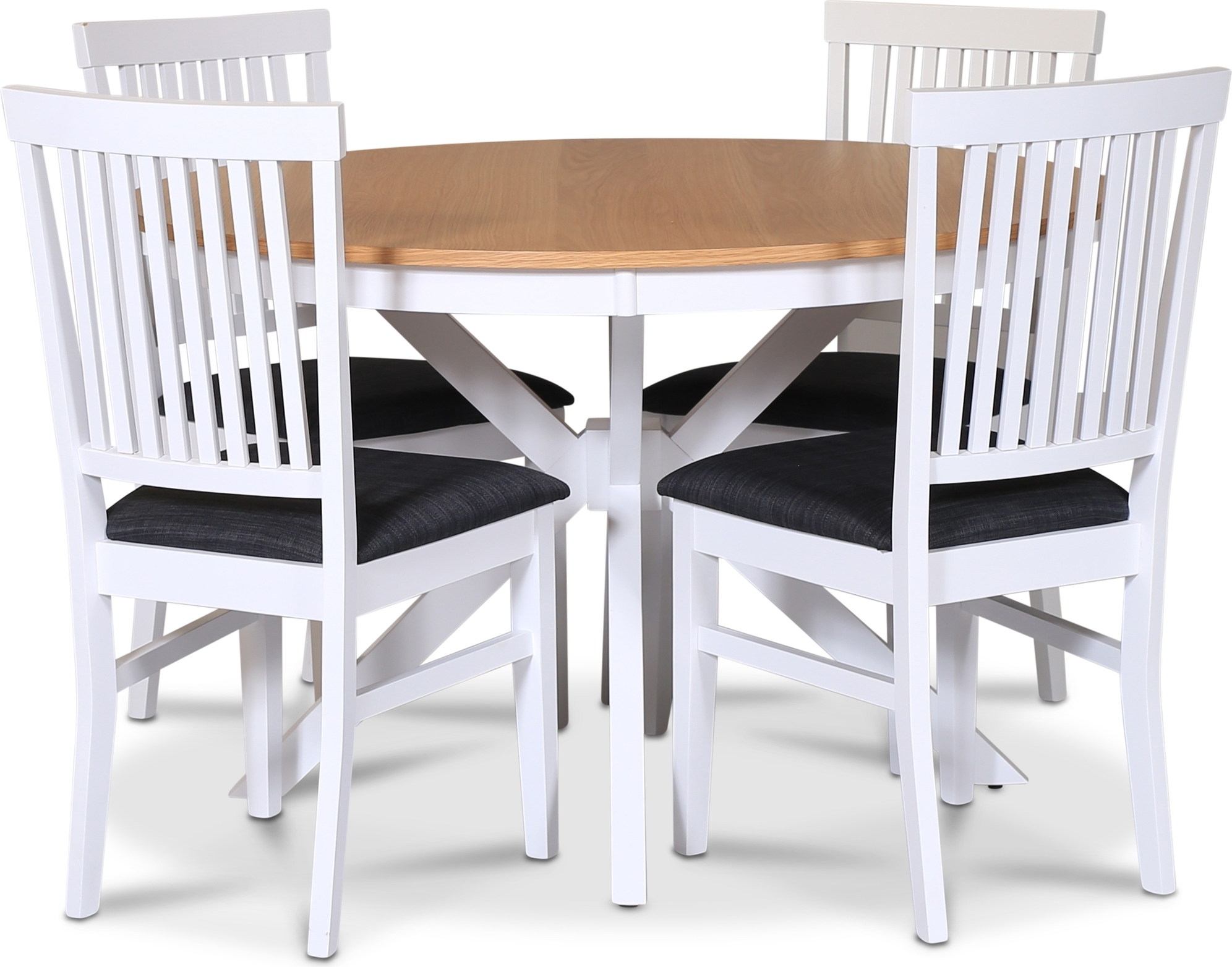 Troms� matgrupp; runt matbord 120 cm - Vit / oljad ek med 4 st F�r� stolar med sits i gr�tt tyg + 4.00 x Stolsdyna