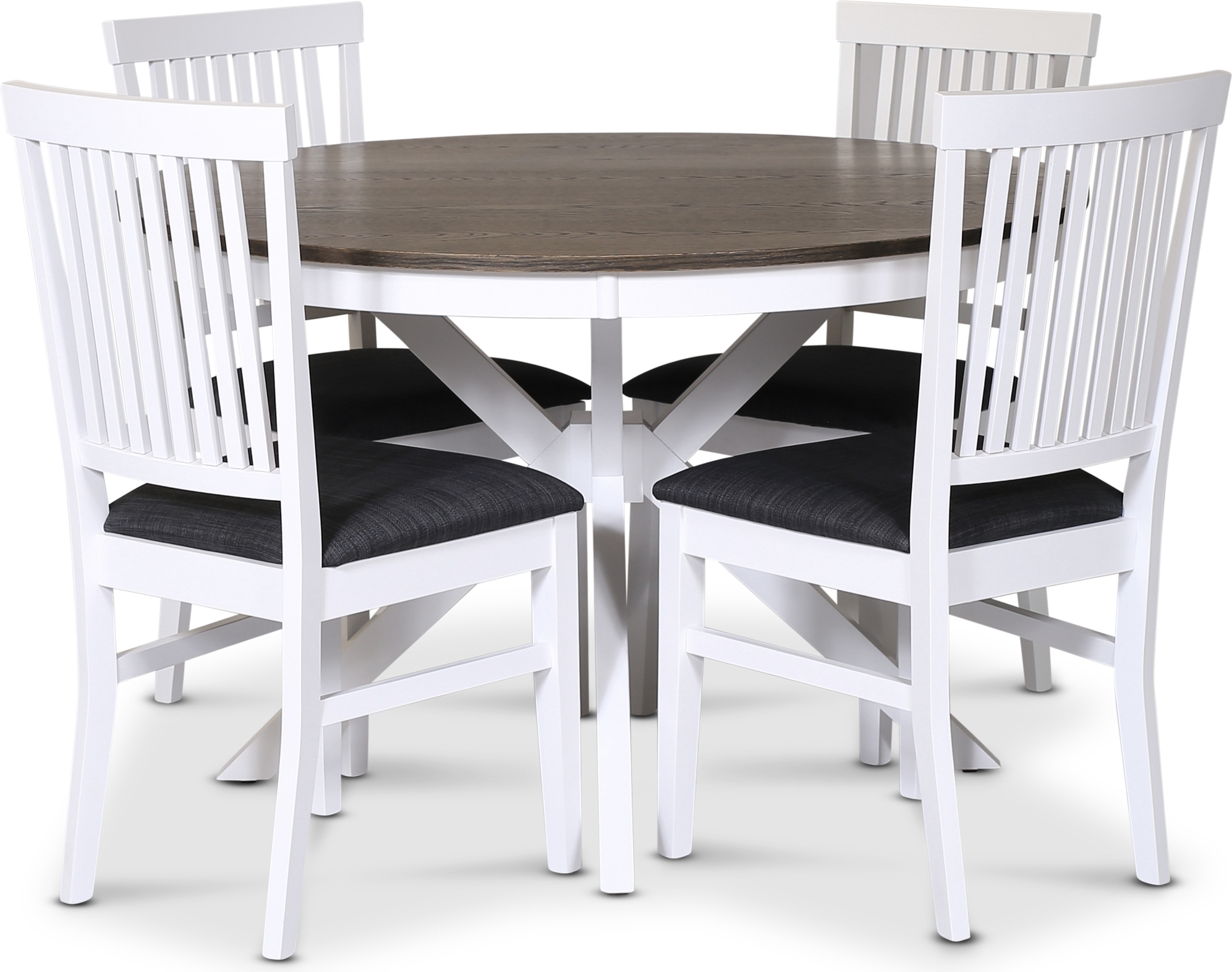 Skagen matgrupp; runt matbord �120 cm - Vit / brunoljad ek med 4 st F�r� stolar (Ribbor i ryggen) med gr� tygsits + 3.00 x M�beltassar