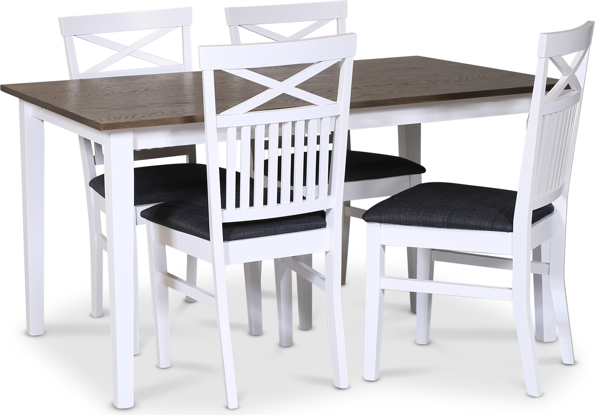Skagen matgrupp; klassiskt matbord 140x90 cm - Vit / brunoljad ek med 4 st Skagen stolar (Kryss i ryggen) med gr� tygsits