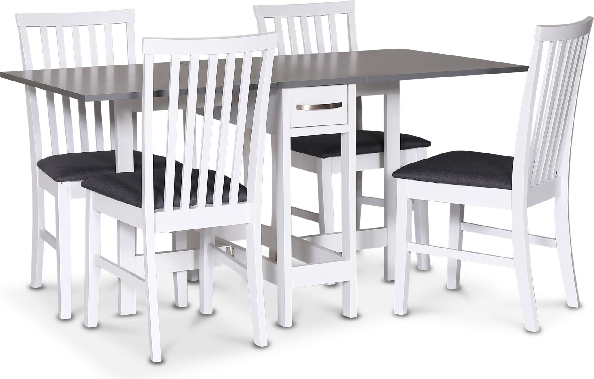 Matgrupp inomhus klaffbord Vit / Grå med fyra stolar - Fårö + 3.00 x Möbeltassar Matgrupp inomhus klaffbord Vit / Grå med fyra stolar - Fårö + 3.00 x Möbeltassar