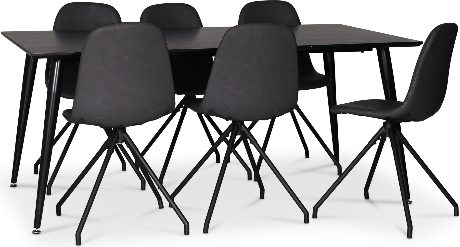 Dipp matgrupp; matbord 180x90 cm med 6 st svarta Bridge snurrbara matstolar