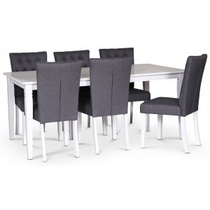 Sandhamn matgrupp 180x95 cm bord med 6 st Crocket matstolar i grått tyg + 4.00 x Möbeltassar